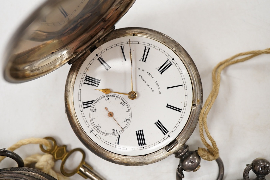 A Victorian silver open faced pocket watch by John Pill, London, two white metal fob watches and a Swiss 935 standard hunter pocket watch
